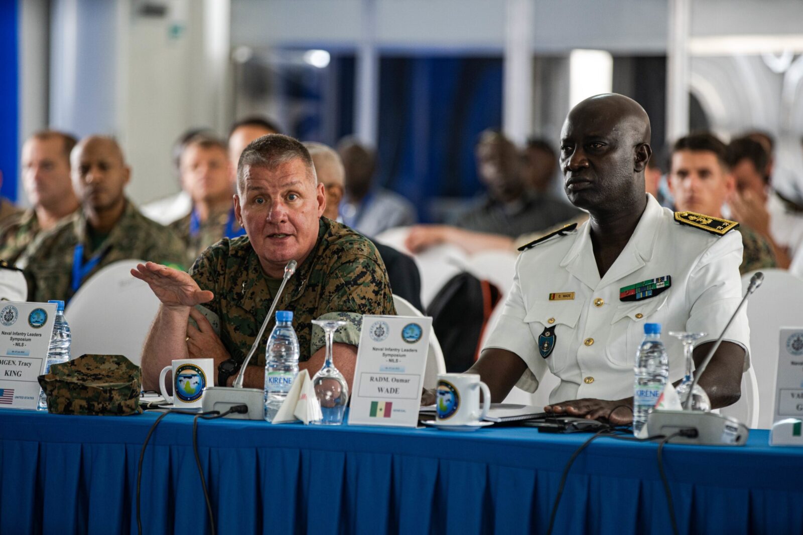 Jul 19, 2022 (Left) U.S. Marine Corps Maj. Gen. Tracy W. King, commander of U.S. Marine Corps Forces Europe and Africa and (Right) Senegalese Naval Chief of Staff Rear Adm. Oumar Wade speak with African military partners during the Naval Infantry Leadership Symposium - Africa 2022 in Dakar, Senegal, July 6, 2022. NILS -A is a multinational, Africa-focused forum, designed to bring together partner nations with marine forces and naval infantries to develop interoperability, crisis response capabilities, and foster relationships which will improve Africa’s maritime domain security.
