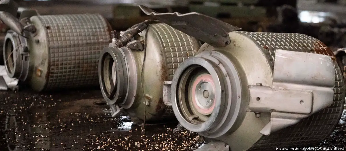 Undetonated cluster bombs at a depot on the outskirts of Kiev, Ukraine.