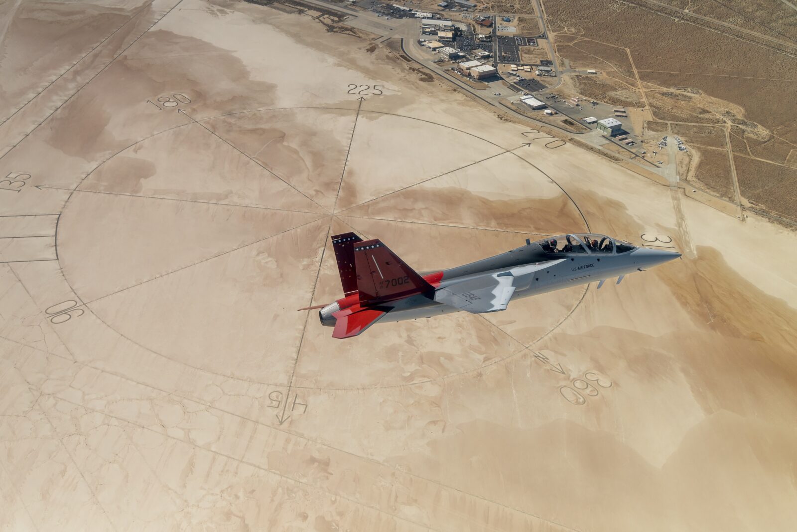 The T-7A Red Hawk made stops at Air Force bases in Oklahoma, New Mexico and Arizona to refuel