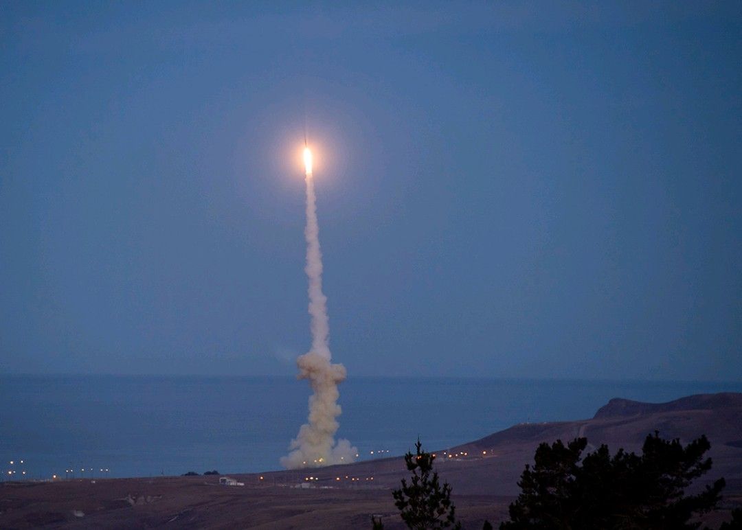 An upgraded GMD Ground-Based Interceptor launches from Vandenberg Space Force Base (U.S. Missile Defense Agency photo).