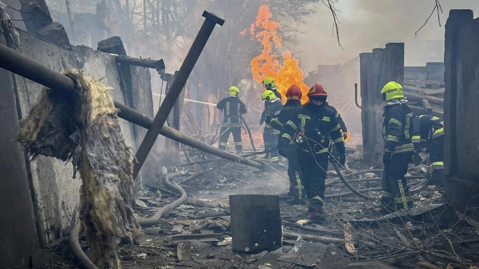 Rescue teams battling a fire in Odessa on March 15, after a deadly Russian double attack. AFP - HANDOUT