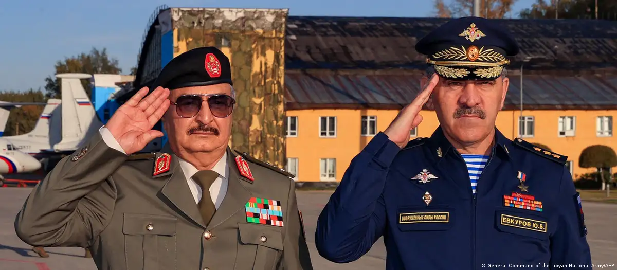 Libyan strongman Khalifa Hiftar (left) is committed to continuing the "resource security" agreement with the Russian mercenary group